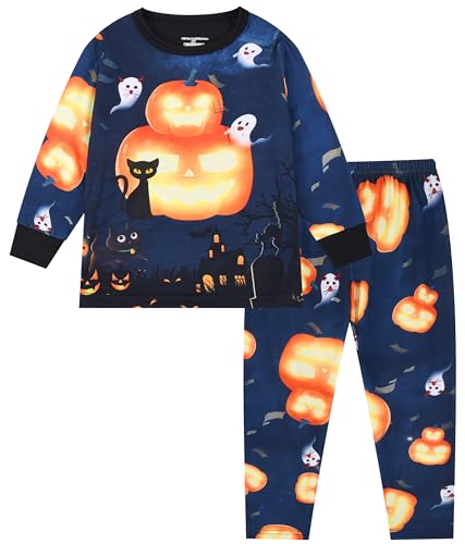 TCWWBB Kinder Halloween Schlafanzug Langarm Zweiteilig Pyjama Set Kürbis Skelett Polyesterfasern Winter Schlafanzüge Nachtwäsche Größe 2-8 Jahre 98 104 110 116 122 128 von TCWWBB