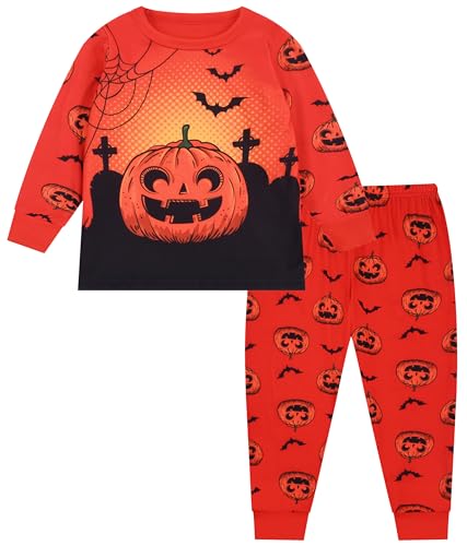 TCWWBB Kinder Halloween Schlafanzug Langarm Zweiteilig Pyjama Set Kürbis Skelett Polyesterfasern Winter Schlafanzüge Nachtwäsche Größe 2-8 Jahre 98 104 110 116 122 128 von TCWWBB