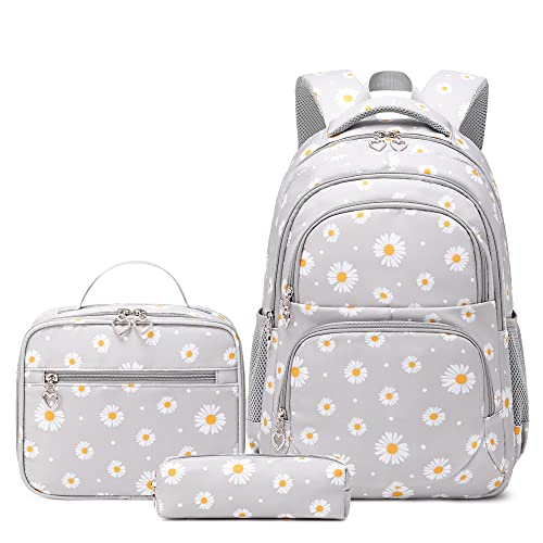 Schulrucksack Mädchen Teenager Damen Schultasche Canvas Schulranzen Set Blumen Rucksack für Mädchen Schule Freizeit mit Lunchpaket Tasche und Mäppchen (3 in 1 Grau) von TCYIN