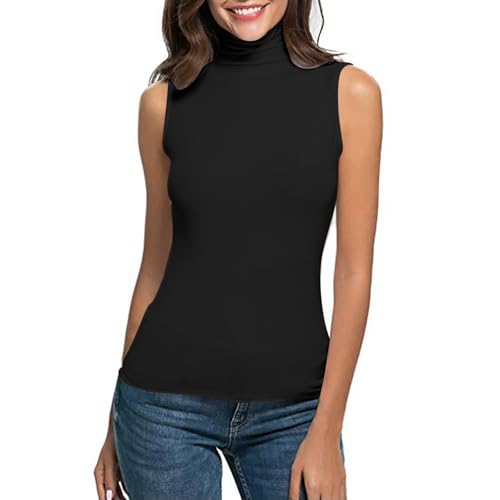 Ärmelloses-Rollkragenpullover Damen Baumwolle Basic Ärmelloses Top Mit Kragen Damen Langarmshirts Einfarbig Ärmellose Weste Ärmellos Shirt Rollkragen-Unterziehshirt DüNn Unterhemden Sommer T-Shirts von TDEOK