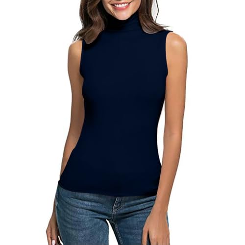 Ärmelloses-Rollkragenpullover Damen Baumwolle Basic Ärmelloses Top Mit Kragen Damen Langarmshirts Einfarbig Ärmellose Weste Ärmellos Shirt Rollkragen-Unterziehshirt DüNn Unterhemden Sommer T-Shirts von TDEOK
