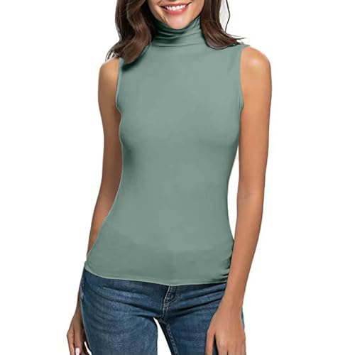 Ärmelloses-Rollkragenpullover Damen Baumwolle Basic Ärmelloses Top Mit Kragen Damen Langarmshirts Einfarbig Ärmellose Weste Ärmellos Shirt Rollkragen-Unterziehshirt DüNn Unterhemden Sommer T-Shirts von TDEOK