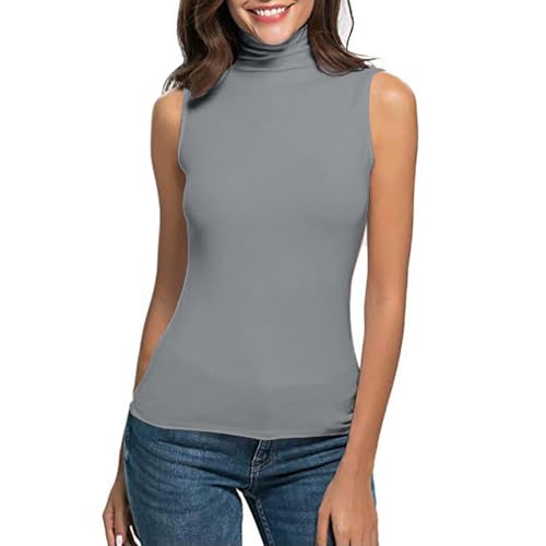 Ärmelloses-Rollkragenpullover Damen Baumwolle Basic Ärmelloses Top Mit Kragen Damen Langarmshirts Einfarbig Ärmellose Weste Ärmellos Shirt Rollkragen-Unterziehshirt DüNn Unterhemden Sommer T-Shirts von TDEOK