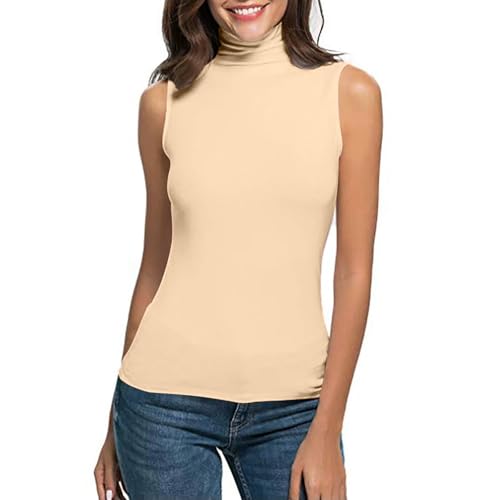 Ärmelloses-Rollkragenpullover Damen Baumwolle Basic Ärmelloses Top Mit Kragen Damen Langarmshirts Einfarbig Ärmellose Weste Ärmellos Shirt Rollkragen-Unterziehshirt DüNn Unterhemden Sommer T-Shirts von TDEOK