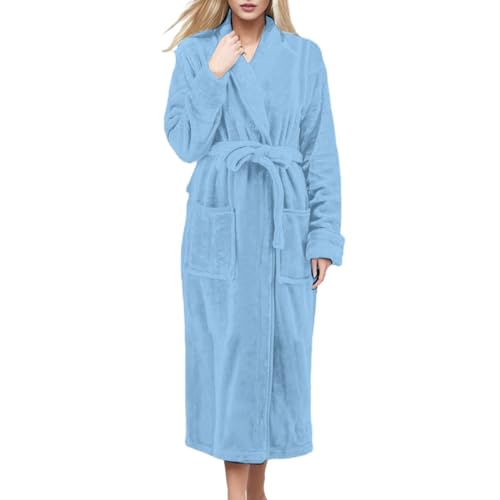 Bademantel Damen Frottee Ohne Kapuze Morgenmantel Lang Flauschig Nachthemd Mit Gürtel Schlafmantel Elegant Nachtwäsche Taschen Saunamantel Kuschelfleece Hausmantel Warm Pyjama Flauschig Schlafanzug von TDEOK