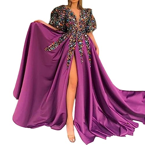 Ballkleid Damen Lang Strass - A Linien Kleid V Ausschnitt Bodenlang Ballkleid - Ballkleider Damen Lang Prinzessin Glitzer - Abendkleid Prinzessin Glitzerkleid Mit Schlitz Pailettenkleider Satin von TDEOK