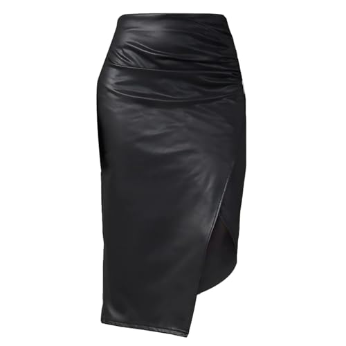 Bleistiftrock Damen Knielang Leder - Lederrock Mit Schlitz Vorne - Sexy Lange Röcke Latex Rock Midi Rock Bleistift Midirock Schwarz High Waist Pu Lack Rock Elegant Sommerrock Eng Rock Curvy von TDEOK