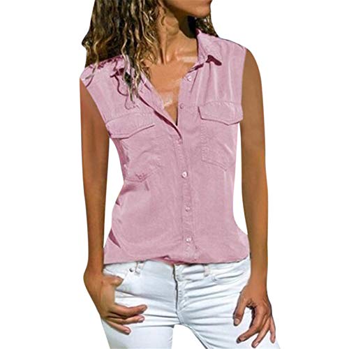 Bluse Hemd Kragen Weiß Ohne Ärmel Damen - Damen Tunika Ärmellos Knopfleiste - Top Mit Taschen Ärmellose Oberteile Cargo Shirt Ärmelloses Tanktop Sommer Bluse V Ausschnitt Kragentop Große Größen von TDEOK