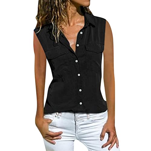 Bluse Hemd Kragen Weiß Ohne Ärmel Damen - Damen Tunika Ärmellos Knopfleiste - Top Mit Taschen Ärmellose Oberteile Cargo Shirt Ärmelloses Tanktop Sommer Bluse V Ausschnitt Kragentop Große Größen von TDEOK