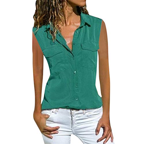 Bluse Hemd Kragen Weiß Ohne Ärmel Damen - Damen Tunika Ärmellos Knopfleiste - Top Mit Taschen Ärmellose Oberteile Cargo Shirt Ärmelloses Tanktop Sommer Bluse V Ausschnitt Kragentop Große Größen von TDEOK