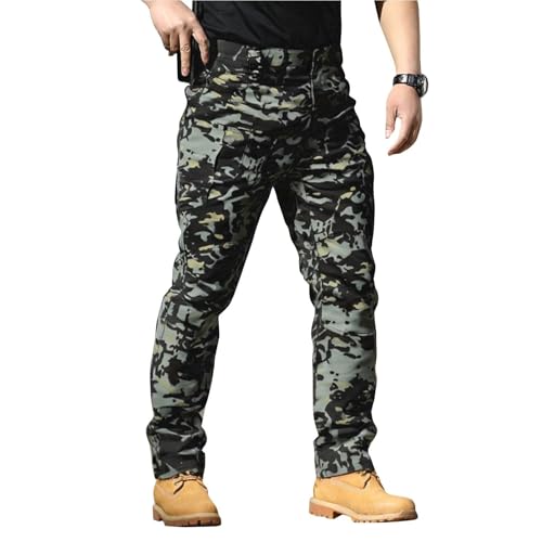 Camouflage Cargohose Herren Weiß - Multi Taschen Arbeitshosen Outdoorhose Männer Wanderhose High Waist Trekkinghose Freizeithose Elastische Taille Cargo Hose Leicht Herrenhose von TDEOK