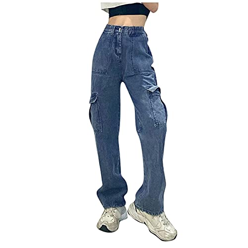 Cargohose Damen Schwarz Mit Weißer Naht - Jeanshose Boyfriend Jeans Y2K Sweatpants High Waist Jogginghose Weites Bein Outdoorhose Baggy Jeanshosen Harajuku Streetwear Techwear Arbeitshose Cargo Hose von TDEOK