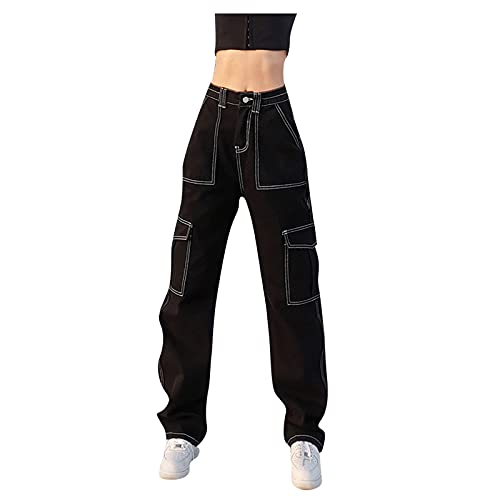 Cargohose Damen Schwarz Mit Weißer Naht - Jeanshose Boyfriend Jeans Y2K Sweatpants High Waist Jogginghose Weites Bein Outdoorhose Baggy Jeanshosen Harajuku Streetwear Techwear Arbeitshose Cargo Hose von TDEOK