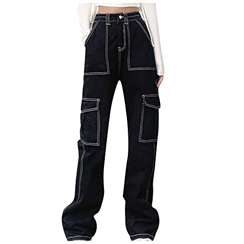 Cargohose Damen Schwarz Mit Weißer Naht - Jeanshosen Stretch Jeanshose High Waist Streetwear Multi Taschen Cargohose Baggy Y2K Jeans Lang Techwear Hose Boyfriend Jeans Cargo Pants Harajuku Hip Hop von TDEOK