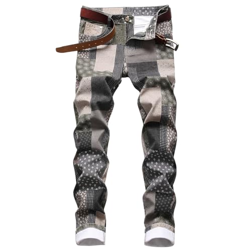 Cargohose Herren Jeans Stretch | Modische Farbkontrast Jeans Hose Bedruckt Patchwork Gerade Bein Herrenhose Stretch Outdoor Midi Waist Elastische Freizeithose Bunt Relaxhose Hip Hop Streetware von TDEOK