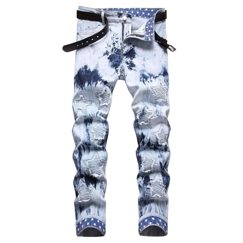 Cargohose Herren Jeans Stretch | Modische Farbkontrast Jeans Hose Bedruckt Patchwork Gerade Bein Herrenhose Stretch Outdoor Midi Waist Elastische Freizeithose Bunt Relaxhose Hip Hop Streetware von TDEOK