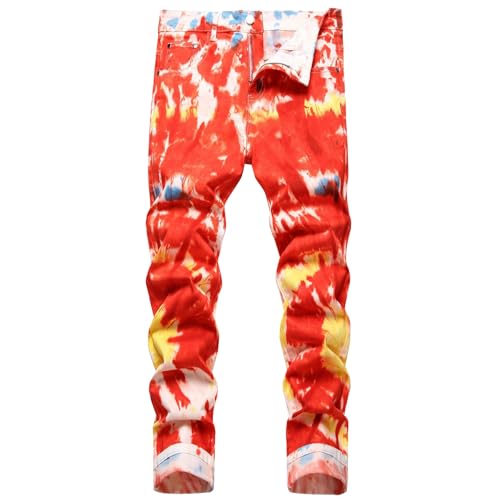 Cargohose Herren Jeans Stretch | Modische Farbkontrast Jeans Hose Bedruckt Patchwork Gerade Bein Herrenhose Stretch Outdoor Midi Waist Elastische Freizeithose Bunt Relaxhose Hip Hop Streetware von TDEOK