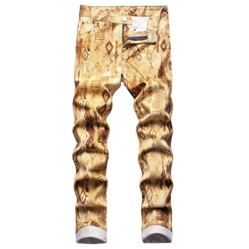 Cargohose Herren Jeans Stretch | Modische Farbkontrast Jeans Hose Bedruckt Patchwork Gerade Bein Herrenhose Stretch Outdoor Midi Waist Elastische Freizeithose Bunt Relaxhose Hip Hop Streetware von TDEOK