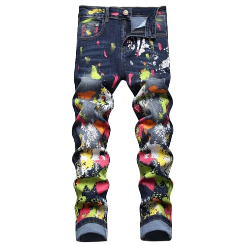 Cargohose Herren Jeans Stretch | Modische Farbkontrast Jeans Hose Bedruckt Patchwork Gerade Bein Herrenhose Stretch Outdoor Midi Waist Elastische Freizeithose Bunt Relaxhose Hip Hop Streetware von TDEOK