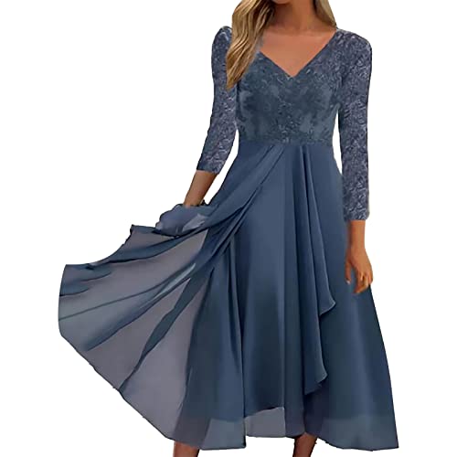 Cocktailkleid Damen Elegant Mit Spitze - Spitzenkleid Damen Elegant Langarm - Wickelkleid A Linie Swing Kleid Sommer Midikleid Lang Chiffonkleid Große Größen Cocktailkleider Leicht Chiffon von TDEOK