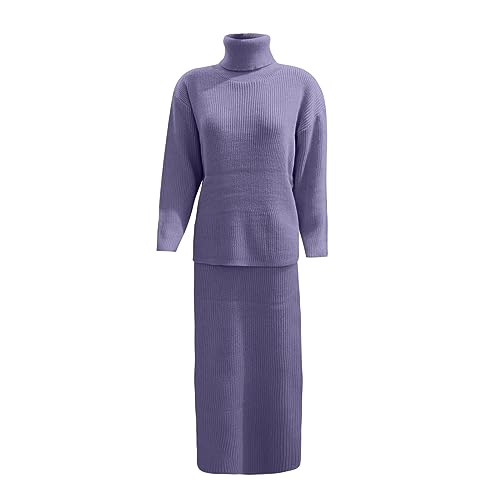 Damen 2 Teiler Set Strickrock - Strickkleid Winter Lang Pulloverkleid Warm Abendkleider Große Größen Anzug Party Winterkleid Frühling Kleidung Langarm Rollkragen Strickpullover + Elegant Midirock von TDEOK