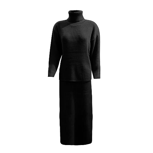 Damen 2 Teiler Set Strickrock - Strickkleid Winter Lang Pulloverkleid Warm Abendkleider Große Größen Anzug Party Winterkleid Frühling Kleidung Langarm Rollkragen Strickpullover + Elegant Midirock von TDEOK