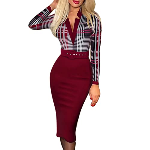 Damen Bleistiftkleid Knielang Elegant - Business Kleid Damen Elegant Langarm - Etuikleid Damen Knielang Business - Cocktailkleid V Ausschnitt Midikleid Curvy Mit Gürtel Stoff Kleid Eng Midi Dot Polka von TDEOK