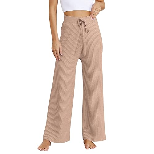 Damen-Hose aus Rippstrick mit weitem Bein, elastische Taille, lässige, fließende Pulloverhose Schwarze Damen Hose (Khaki, S) von TDEOK