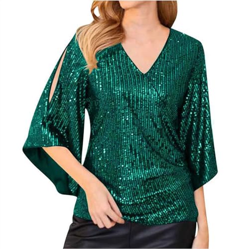 Damen Pailletten Top V Ausschnitt: Glitzer Oberteile Langarm Locker Tunika Bluse Pailletten Glitter Cocktail Top Party Festliche Hochzeit Wedding Glitzertop Glitzer Bluse Silvester Oberteil von TDEOK