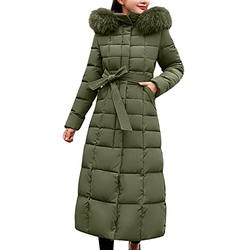 Damen Wintermantel Lang Warm Elegant, Daunenmantel Damen Lang Leicht Warm Steppmantel Mit Fellkapuze Gürtel Lang Mantel Winter Warm Winddicht Jacke Steppjacke Winterjacke Daunenjacke Outdoorjacke von TDEOK