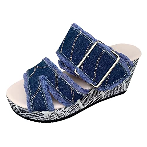 Denim Keilabsatz Sandalen Damen Keilsandalen Damen Peep Toe High Heel Plattform Pantoletten Rutschfest Plattform Badeschlappen Modische Pantoletten Freizeitschuhe Plateau Keilsandalen von TDEOK