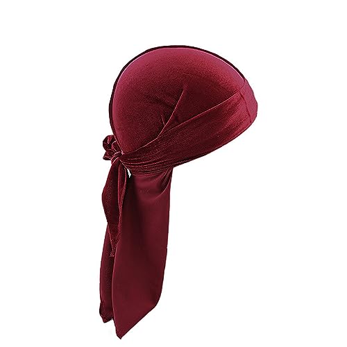 Elastische Haarbänder für Männer und Frauen. Weiche Samt-Durag-Kopfwickel mit langem Schwanz und breiten Trägern für 360 Wellen Ohrschutz (Wine, One Size) von TDEOK