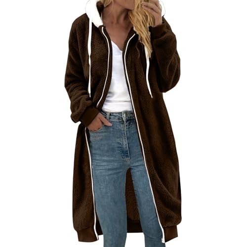 Fleecejacke Damen Lang Mit Kapuze Plüschmantel Große Größen Fleecemantel Mit Reißverschluss Winterjacke Warm Übergangsjacke Winter Frühling Kuscheljacke Outdoor Sportjacke Hoodie Teddy Plüschjacke von TDEOK
