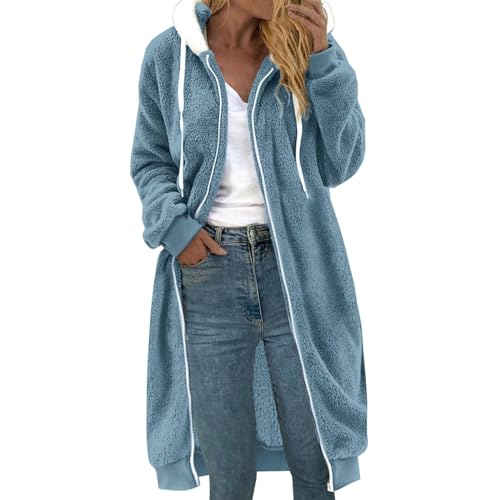 Fleecejacke Damen Lang Mit Kapuze Plüschmantel Große Größen Fleecemantel Mit Reißverschluss Winterjacke Warm Übergangsjacke Winter Frühling Kuscheljacke Outdoor Sportjacke Hoodie Teddy Plüschjacke von TDEOK