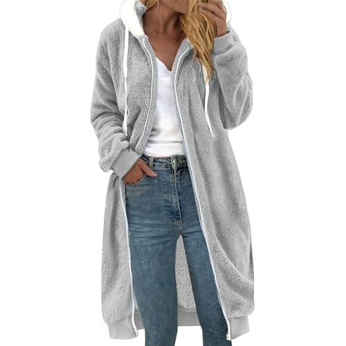 Fleecejacke Damen Lang Mit Kapuze Plüschmantel Große Größen Fleecemantel Mit Reißverschluss Winterjacke Warm Übergangsjacke Winter Frühling Kuscheljacke Outdoor Sportjacke Hoodie Teddy Plüschjacke von TDEOK