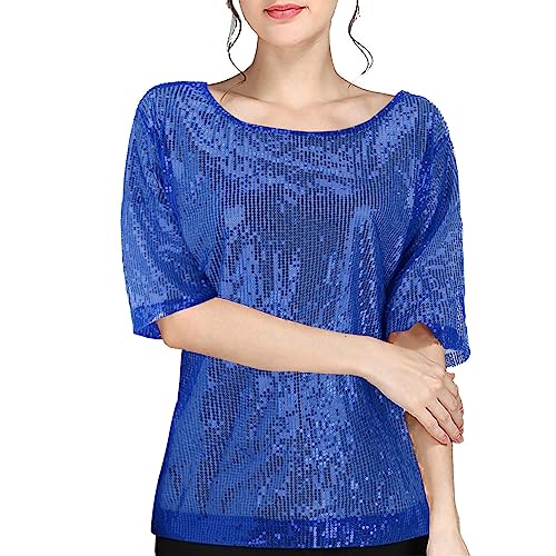Glitzer T-Shirt Damen Große Größen - Top Mit Pailletten Damen Rot - Tunika Rundhals Longshirt Kurzarm Pullover Sommer Lässig Langarmshirt Elegant Locker Shirts Abend Cocktail Party Club von TDEOK