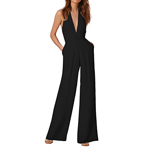 HHMY Jumpsuit Damen Elegant Langarm - Hosenanzug Damen Hochzeit Festlich Lang Overall Einfarbig V-Ausschnitt Playsuit Mit Weites Bein Hosenanzug Playsuit Business Anzug Overall- Einteiler- Playsuits von TDEOK