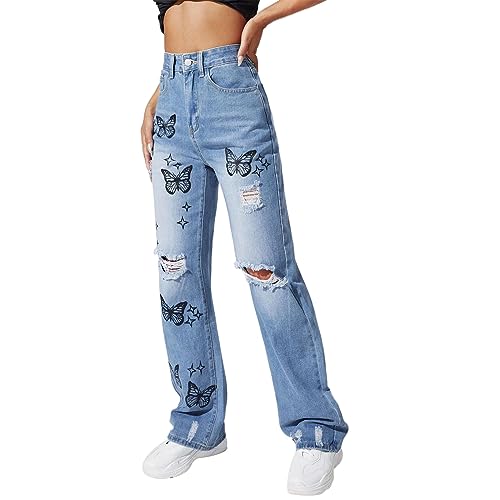 Harajuku Fashion Pants - Destroyed Jeans Damen High Waist Jeanshose Mit Schmetterling Muster Y2K Jeans Mit Löchern Boyfriend Jeans Weites Bein Baggy Jeans Denim Jogginghose Freizeithose Jeanshosen von TDEOK