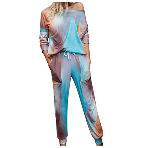 Hausanzug Damen Bunt 2-Teilig Schlafanzug Damen SchlafanzüGe Und Pyjamas Lang Sportanzug Tie-Dye Langarm-Sweatshirt, Freizeitanzug, Ohne Kaputze,Jogginganzug Zweiteiler Sportbekleidung von TDEOK