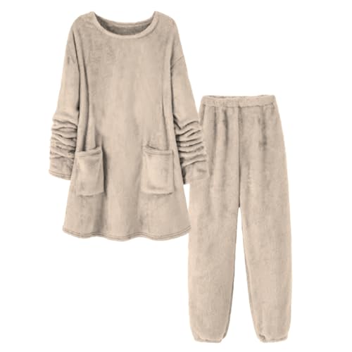 Hausanzug Damen Kuschelig Warm, Schlafanzug Damen Warm Flanell Pyjama Set Teddy Fleecemantel Weich Loungewear Kuschelige Nachtwäsche Zweiteiler Schlafanzüge Flauschig Freizeitanzug Thermo Schlafanzuge von TDEOK