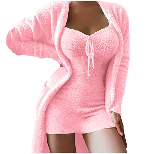 Hausanzug Damen Kuschelig Warm: Kuschelanzug Damen Flauschig Zweiteiler Kuscheljacke + Nachtkleid Warm Freizeitanzug GroßE GrößEn Baumwolle-Schlafanzug MäDchen Warmer Winter-Schlafanzug von TDEOK