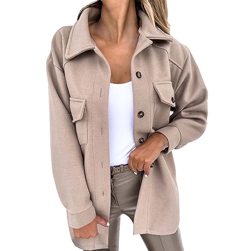 Hemdbluse Damen Langarm Hemdjacke Lang Tunika Wolle Oberteil Verdickte Longshirt Warm Winterjacke Outdoor T Shirt Stehkragen Langarmshirt Locker Shacket Holzfällerjacke Herbst Frühling Übergangsjacke von TDEOK