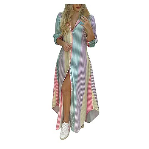 Hemdkleid Knöchellang - Lange Bluse Kleid Damen Elegant - Blau Weiss Gestreiftes Blusenkleid Tunika Kleid Sommer Langarm Sommerkleid Mit Knopfleiste Wickelkleid Sexy V Ausschnitt Midikleid Taschen von TDEOK