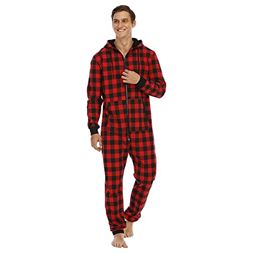 Herren Pyjama Lang Rot Schwarz Kariert, Jumpsuit Schlafanzug - Overall Baumwolle Onesie Mit Kapuze Einteiler Mit Reißverschluss Bequem Mode Overalls Winter Warme Pyjama Männer Loungewear von TDEOK