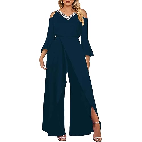 Hosenanzug Damen Hochzeit Elegant - Jumpsuit Schwarz Mit Spitze Ganzkörperanzug Langarm Overall Playsuits Mit Glitzer Lang Strampler Outfit Schulterfrei Onesie Große Größen Romper Einteiler Kostüm von TDEOK