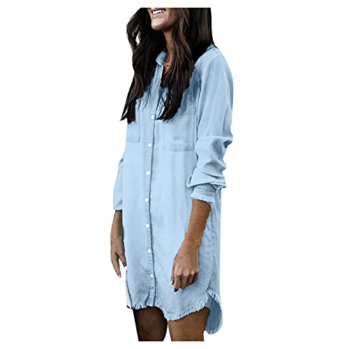 Jeanshemd Damen Lang Oversize - Jeanshemd Damen Blassblau - Jeansmantel Damen Lang Sommer Große Größen - Jeansjacken Übergangsjacke Jeans Jacken Jeansbluse Mantel Parka Für Stretch Elegant Oversize von TDEOK