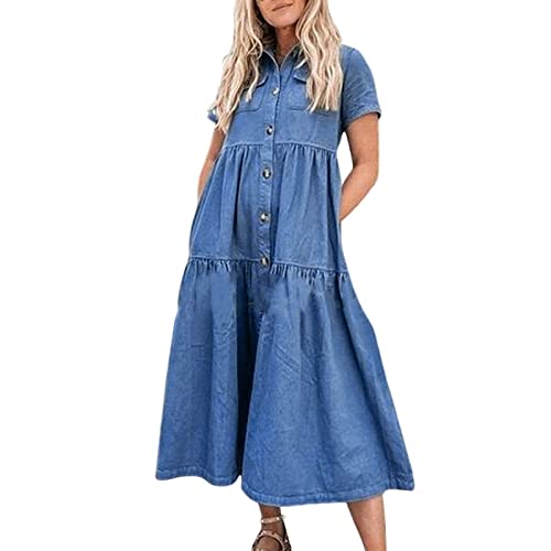 Jeanskleid Tailliert Damen - Sommerkleid Damen Lang Jeans - Jeanskleider Damen Sommer Knielang - Sommerkleider Mit Taschen Wickelkleid A Linie Elegant Freizeitkleid 1/2 Arm Kleid Knöpfen von TDEOK