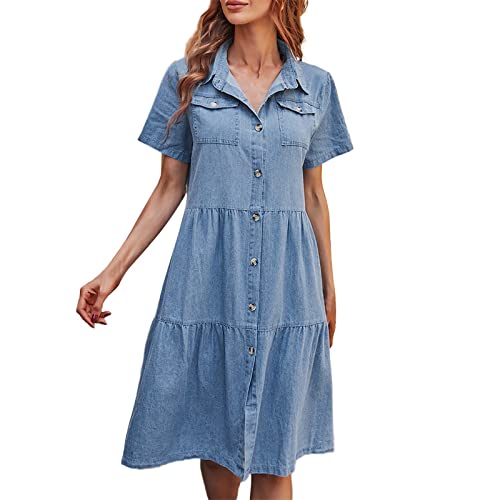 Jeanskleid Tailliert Damen - Sommerkleid Damen Lang Jeans - Jeanskleider Damen Sommer Knielang - Sommerkleider Mit Taschen Wickelkleid A Linie Elegant Freizeitkleid 1/2 Arm Kleid Knöpfen von TDEOK