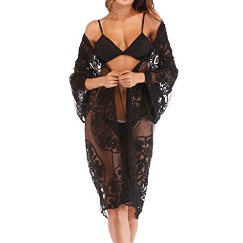 Kimono Damen Spitze Schwarz - Spitzenkleid Transparent - Strandkleid Durchsichtig Strandmantel Große Größen Strandjacke Kurz Strandkleider Leicht Strandtuch Sommer Strandponcho Langarm Bademode Strand von TDEOK