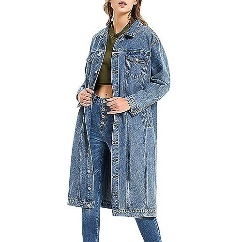 Lange Jeansjacke Damen Große Größen - Jeansmantel Damen Lang Winter - Jeansjacken Übergangsjacke Jeans Jacken Jeanshemd Jeansmantel Mantel Parka Für Mädchen Teenager Stretch Elegant Oversize Langarm von TDEOK